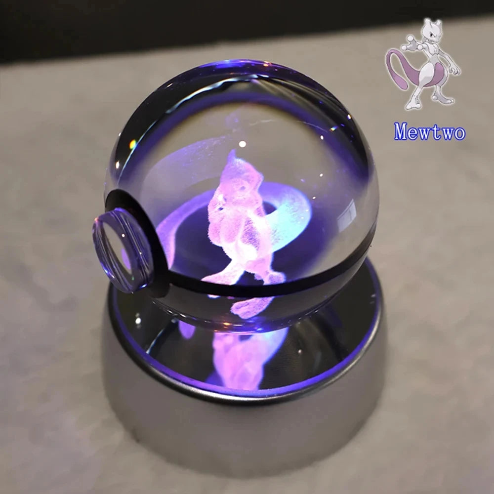 Pokemon 3D Crystal Ball Pikachu Gengar Mew Mewtwo Figurines Lamp Base Pokeball 3D Pokemon Glass Ball Statue Kids Birthday Gift