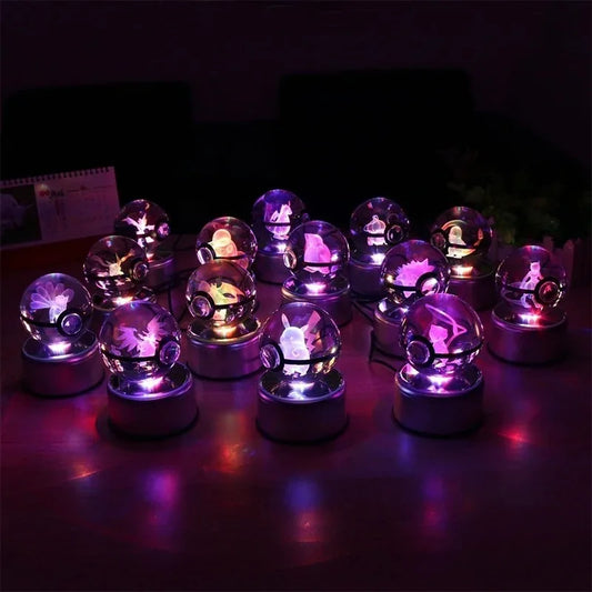 Pokemon 3D Crystal Ball Pikachu Gengar Mew Mewtwo Figurines Lamp Base Pokeball 3D Pokemon Glass Ball Statue Kids Birthday Gift