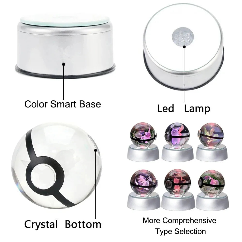 Pokemon 3D Crystal Ball Pikachu Gengar Mew Mewtwo Figurines Lamp Base Pokeball 3D Pokemon Glass Ball Statue Kids Birthday Gift