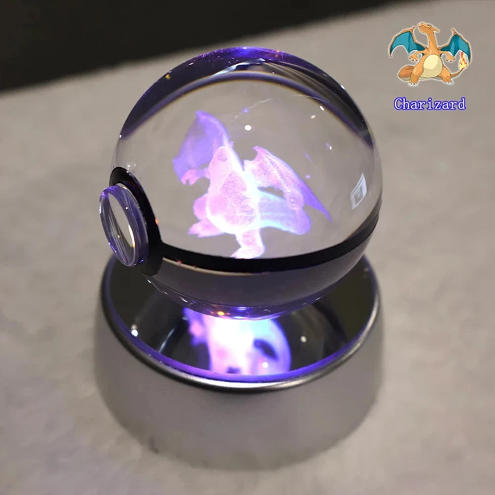 Pokemon 3D Crystal Ball Pikachu Gengar Mew Mewtwo Figurines Lamp Base Pokeball 3D Pokemon Glass Ball Statue Kids Birthday Gift